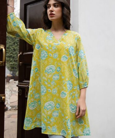 Lime Yellow Georgette Floral Regular Tunic
